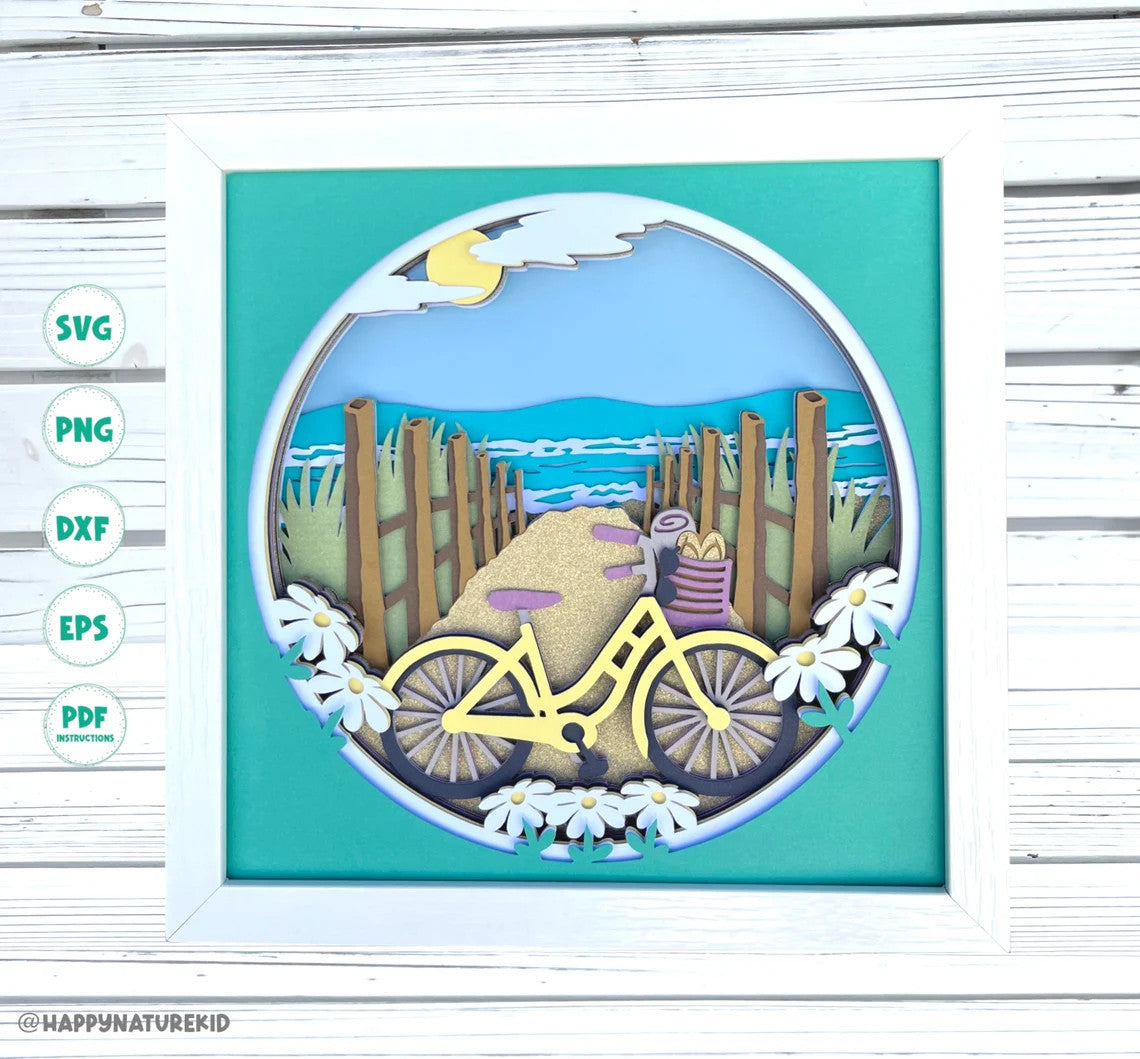 3d Beach Bicycle shadow box svg 3d Beach svg 3d Layered svg files for Cricut Cardstock svg 3d Mandala svg Paper cut svg Beach scene svg