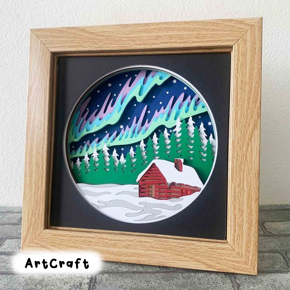 Nordic Winter 3D Shadow Box SVG/ Northern Lights 3D Layered Cardstock/ Winter Log Cabin Cricut 3D/ Christmas File For Cricut/ For Silhouette