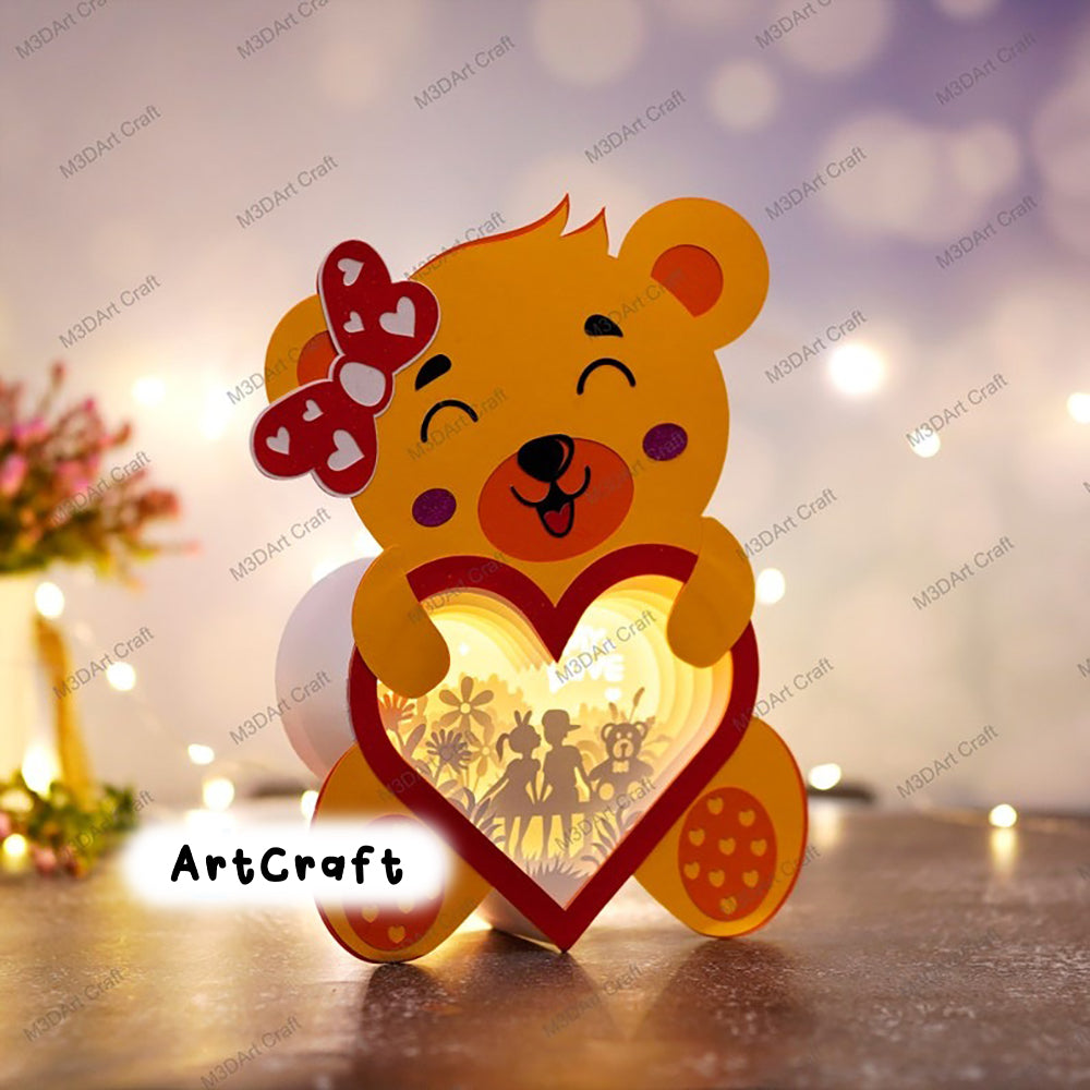 Pack 3 Teddy Bear Heart Lanterns Shadow Box SVG Template for Diy valentines crafts - Mickey Love, Proposing Couple Lightbox Paper Cut