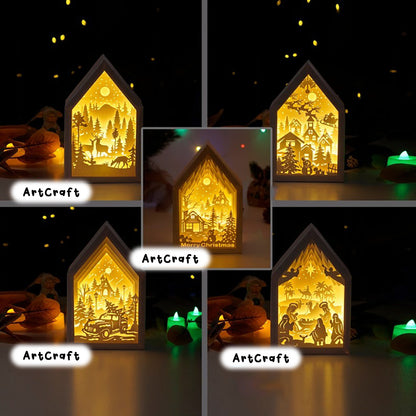 Pack 5 Merry Christmas Lanterns Shadow Box SVG Templates, Paper lantern svg for cricut christmas - Paper Cut Template - DIY Lamp Decoration