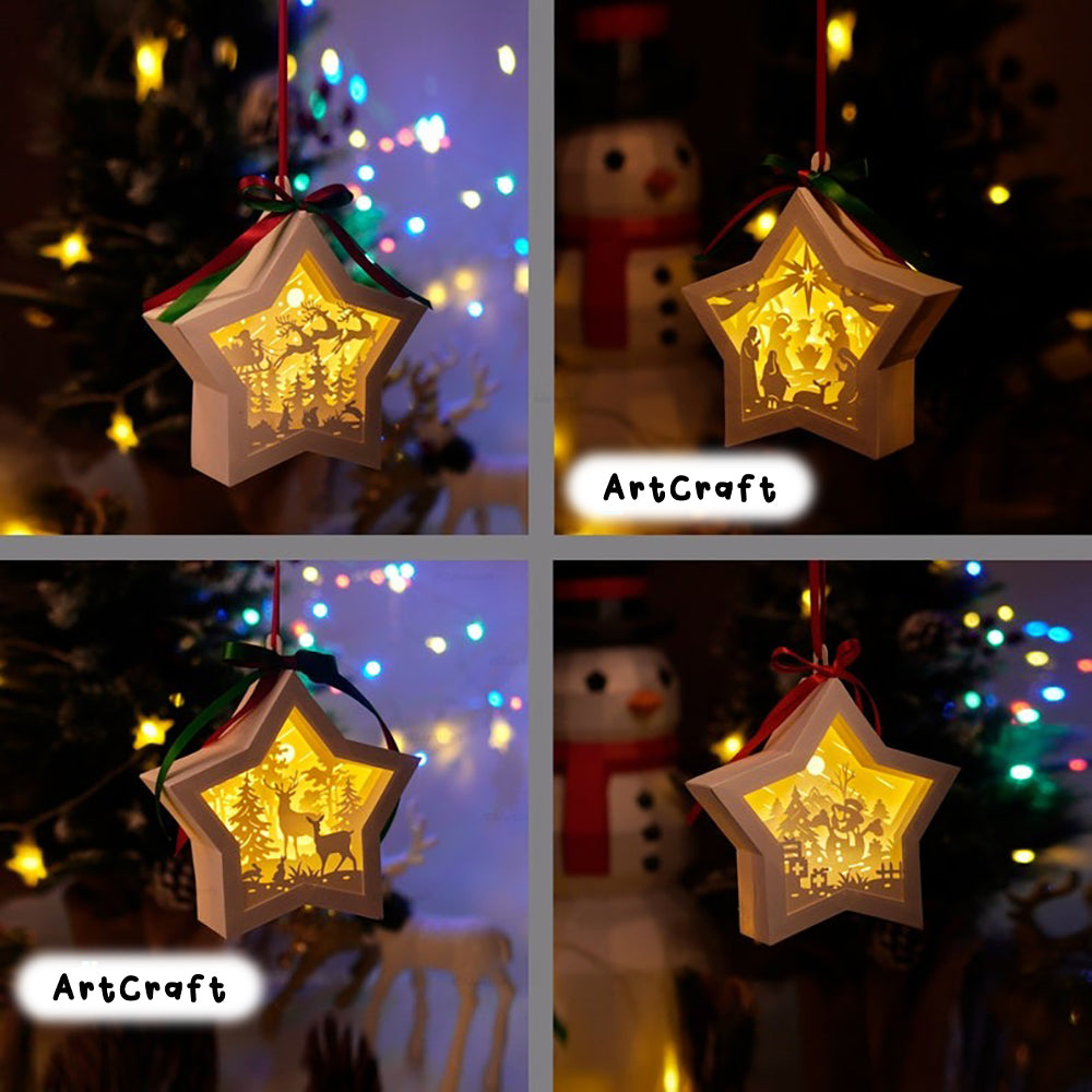 Pack 4 Merry Christmas Hanging Star Lantern Shadow Box SVG Template - Paper Cut Template For Christmas - DIY Lightbox Christmas Ornaments