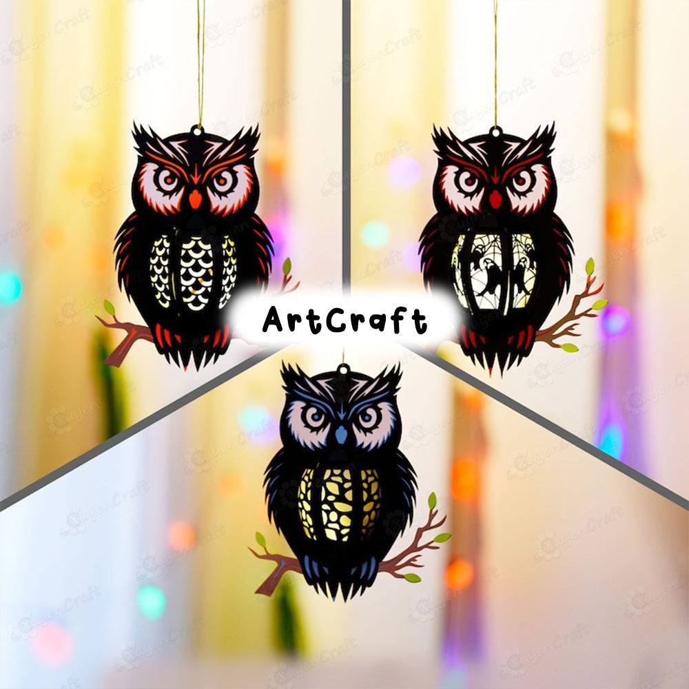 Set 3 Owl Lantern PDF, SVG, Studio Templates - Owl Paper Lantern for Halloween Decoration - Diy Halloween Lantern Light Box Paper Cut