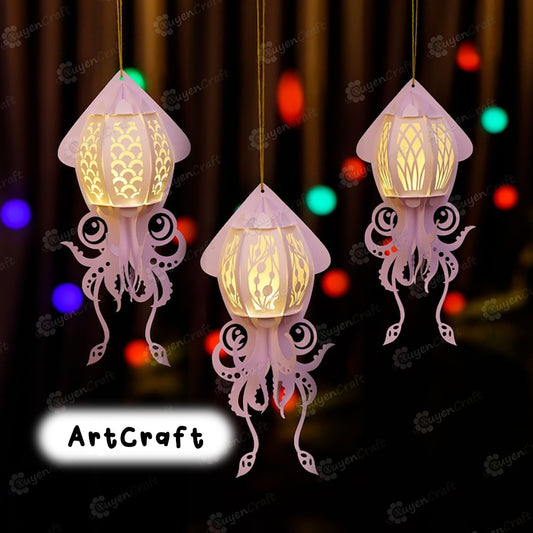 Set 3 Squid Lantern PDF, SVG, Studio Templates - DIY Fish Paper Lantern for For Children's Room Decor, Diy gifts for kids, Fisherman Gift