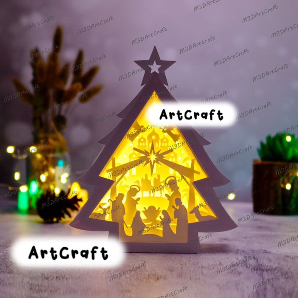 Nativity Scene Christmas Tree Lantern Shadow Box SVG Template , X-mas Papercut Lightbox, 3D Layered Christmas SVG for Cricut, PDF Papercraft