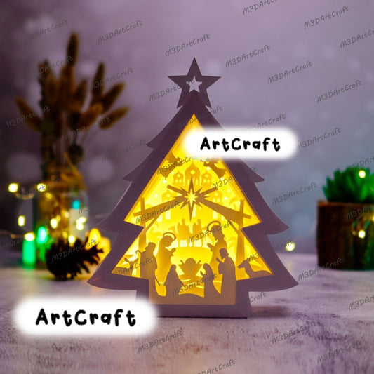 Nativity Scene Christmas Tree Lantern Shadow Box SVG Template , X-mas Papercut Lightbox, 3D Layered Christmas SVG for Cricut, PDF Papercraft