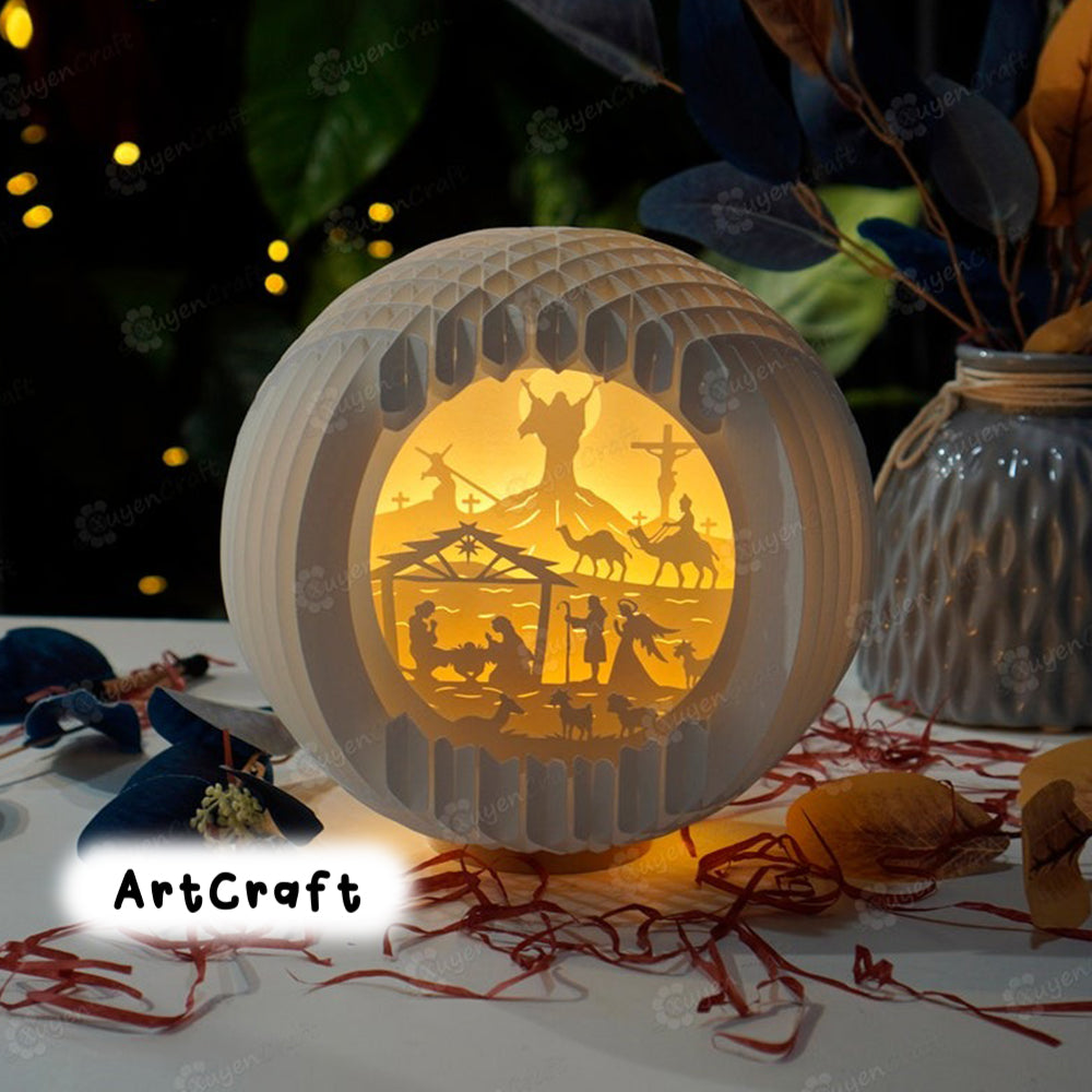 Nativity Scene Christmas Sphere Pop Up SVG Template, Christmas Lightbox 3D Papercut Light Box Sliceform DIY Paper night light popup