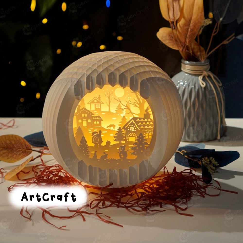 Merry Christmas SVG template for creating Christmas Village Sphere Pop Up - 3D Pop up Card - DIY Paper Cut Lamp, Christmas Paper Lanterns