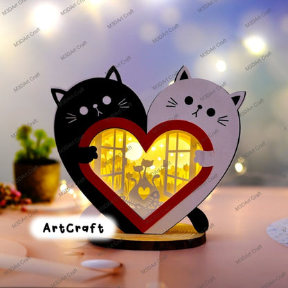 Cute Cat Heart Lanterns Shadow Box SVG for Cricut Projects Diy Valentines Crafts - Cat Lightbox Paper Cut Template - Love Cat Valentine