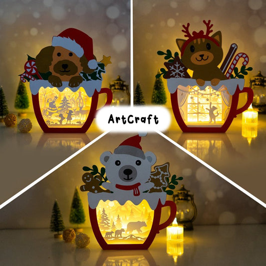 Pack 3 Hot Cocoa Shadow Box SVG - Dog Motifs, Bear Motifs, Cat Motifs - Xmas Paper Cutting Template - DIY Lightbox Christmas Ornaments