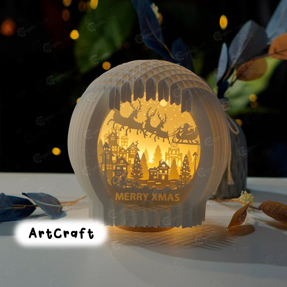 Merry Xmas - Santa Claus Reindeer Flying Snow Globe Pop Up 3D SVG Template Papercut Shadowbox - DIY Pop up card 3d - Sphere Popup Lamp