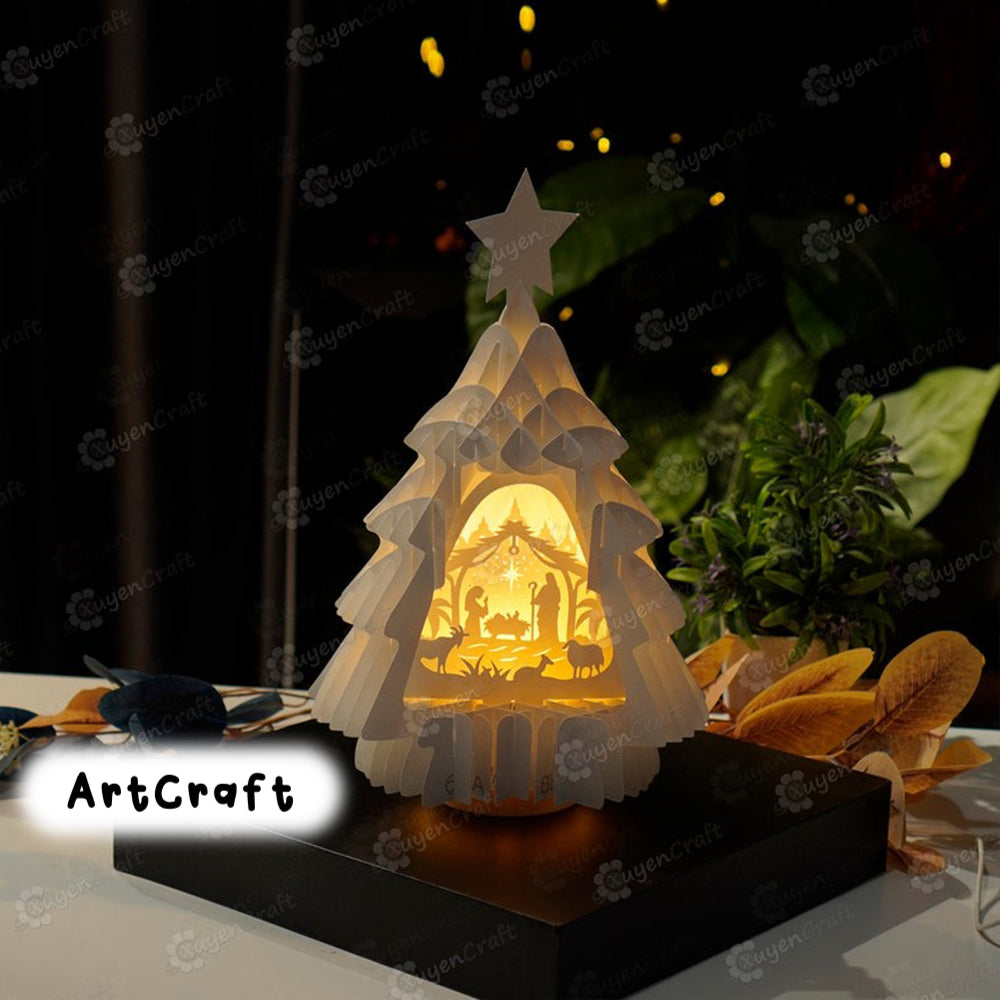 Nativity Scene In Tree Pop Up SVG Template Paper Cutting creating Christmas Tree Lighting Pop up for Merry Christmas Shadow Box, Lightbox