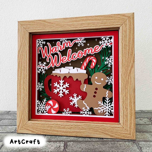 Warm Welcome 3D Shadow Box/ Gingerbread And Hot Cocoa Layered SVG/ Christmas Gift Box/ 3D Christmas Cardstock/ For Cricut/ For Silhouette