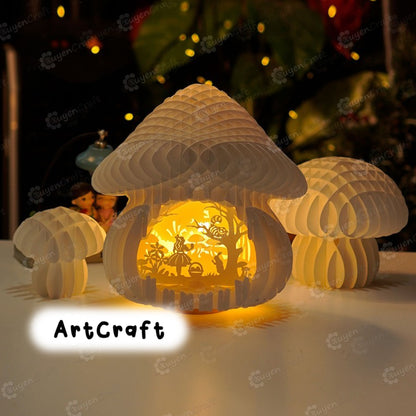 Alice in Mushroom House Pop Up SVG for Cricut Projects Papercut Template, Paper Lantern DIY Shadow Box, Lightbox cut files 3D Papercraft