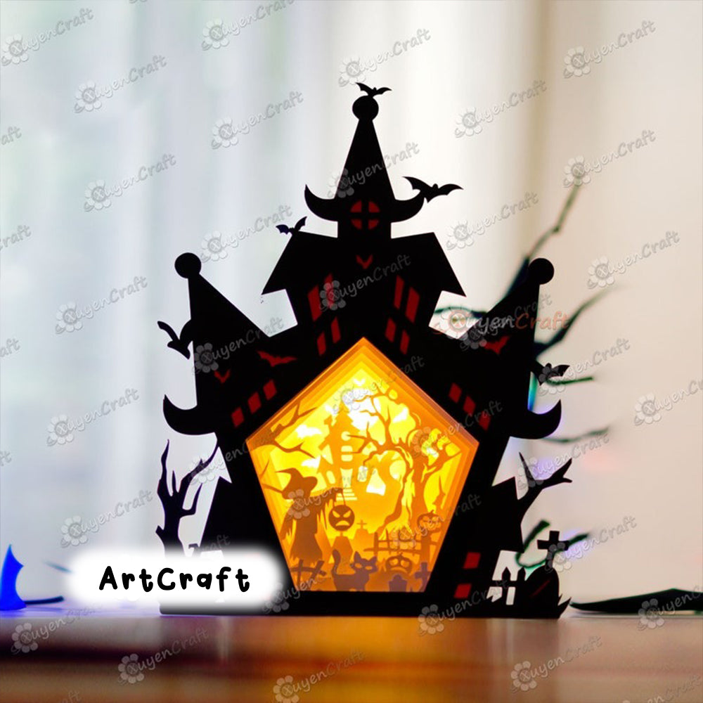 Haunted House Shadow Box Halloween PDF, SVG Light Box for Cricut Projects, Sillhouette 4, ScanNcut - DIY Paper Lanterns Lamp Halloween Decor