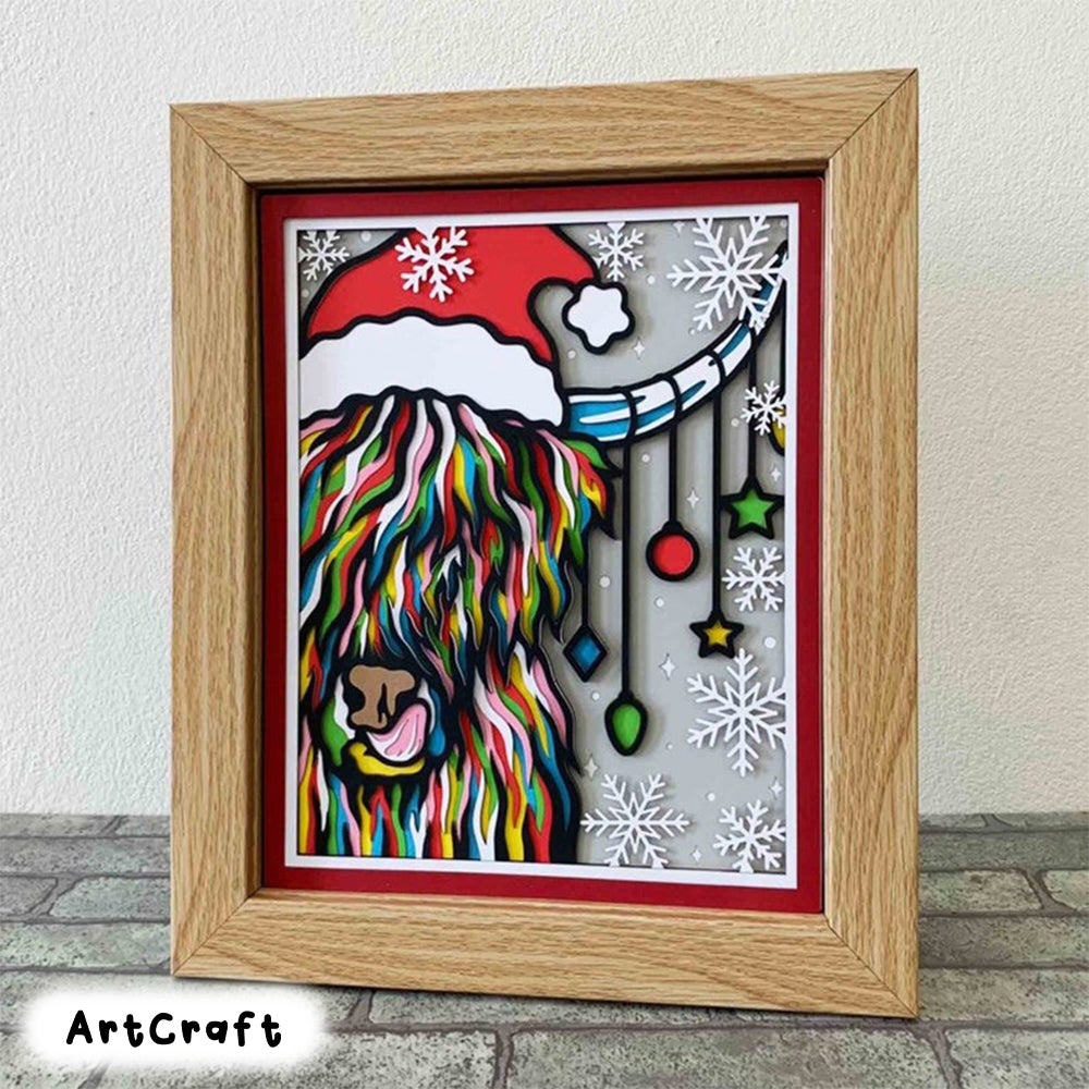 Christmas Highland Cow 3D SVG/ Highland Cow Shadow Box/ Highland Cow Colorful Christmas Card/ Layered Cardstock/ For Cricut/ For Silhouette