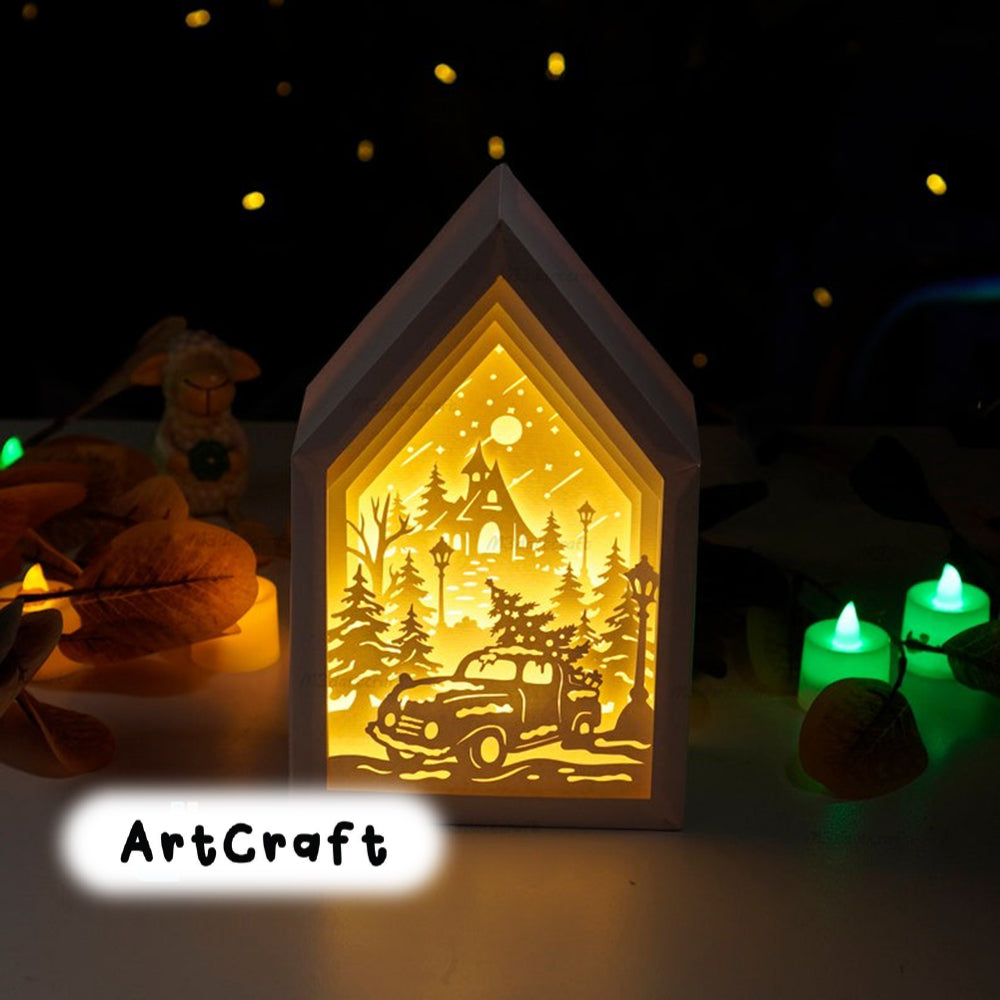 Christmas Truck In Christmas Lanterns SVG Light Box - 3D Christmas Shadow Box, Paper Cut Template, Paper box frames, Xmas Decorations Craft