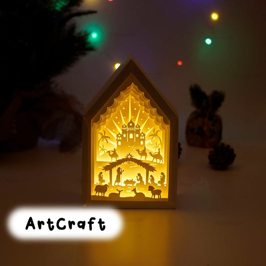 Nativity Scene In Christmas House Paper Lantern SVG Template - Merry Christmas Shadow Box, Light Box Paper Cut and Paper box frames svg