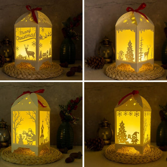 Combo 4 Merry Christmas Lantern Template - Paper Cut - Light Box SVG File - DIY Paper Lanterns