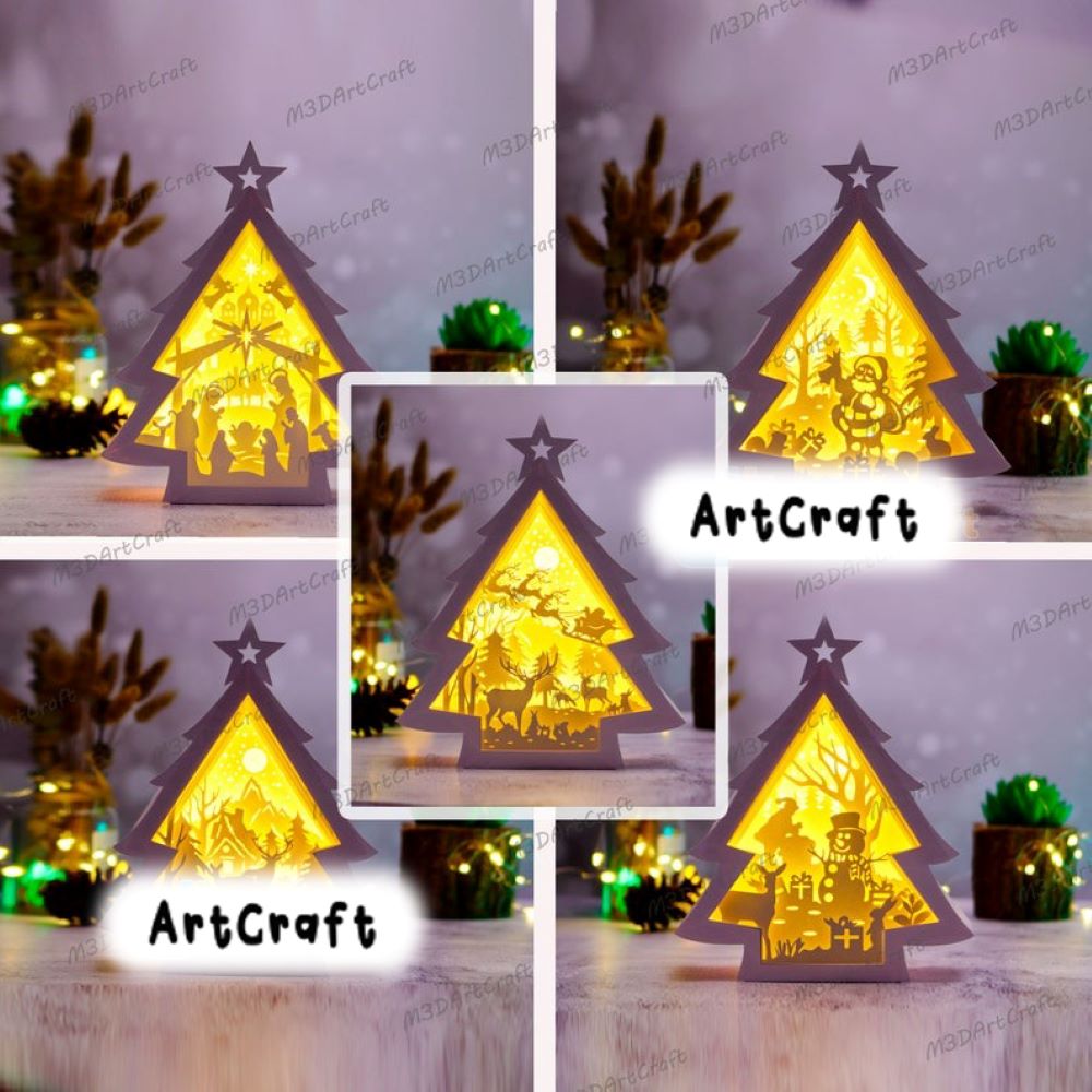 Gnome Christmas Lantern Shadow Box SVG Templates, X-mas Papercut Lightbox, 3D Layered Christmas Tree SVG Cricut, Christmas Paper Lanterns