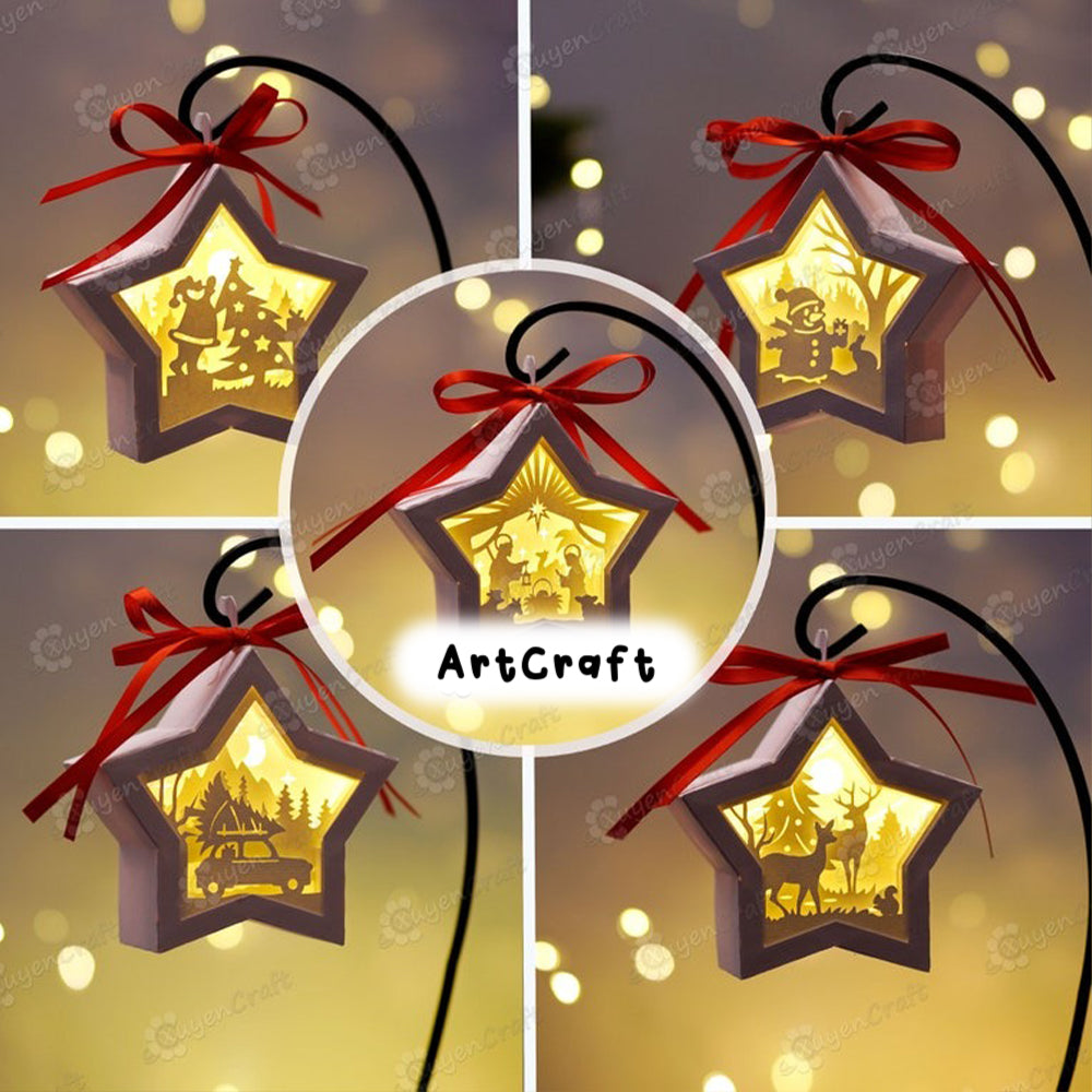 Pack 5 Christmas Small Star Ornaments SVG for Cricut Joy, ScanNcut, Cameo - Merry Christmas Hanging Star Lantern Shadow Box SVG Template