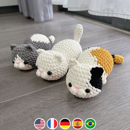 Bundle 3in1 Lazy Munchkin Cat Crochet Pattern, Low-sew Plushie Amigurumi PDF File Tutorial in English Deutsch Français Español Português