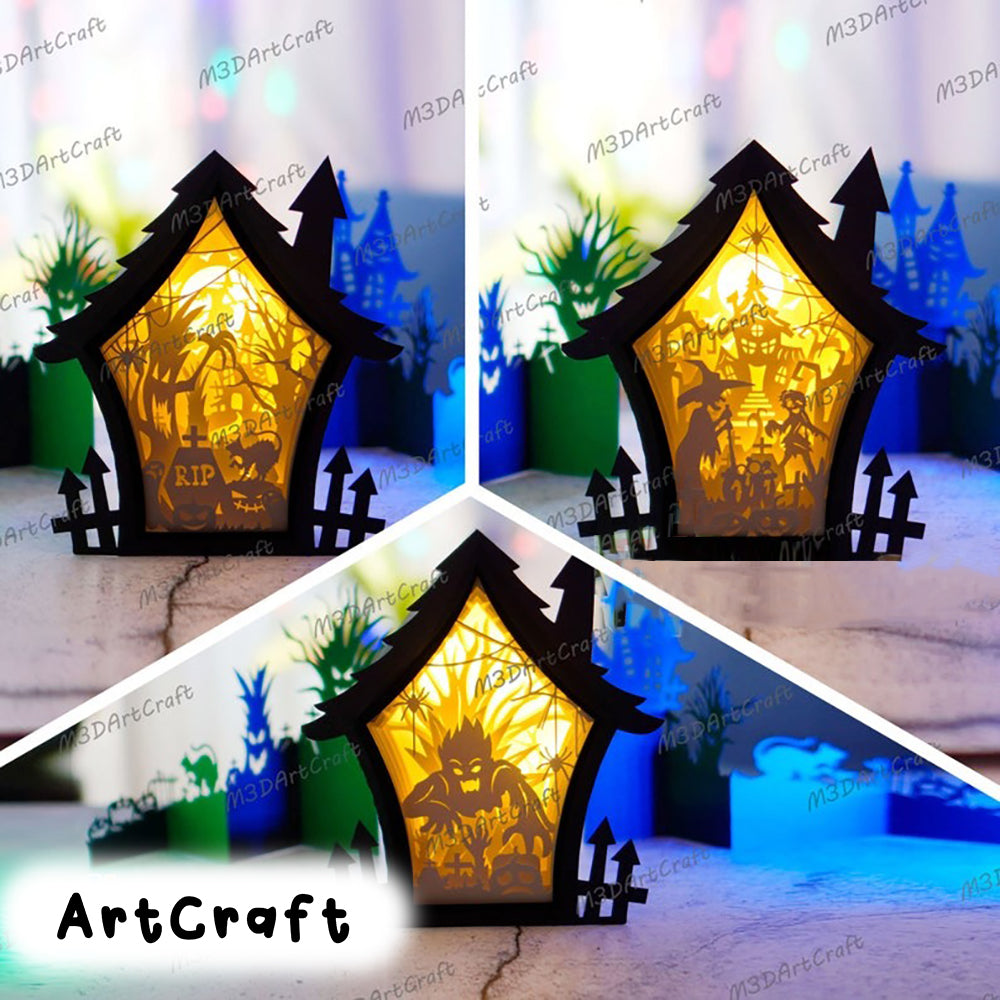 Ghost & Witch Haunted House Shadow Box Halloween PDF, SVG Light Box for Cricut, Sillhouette 4, ScanNcut - DIY Paper Lanterns Lamp Decor