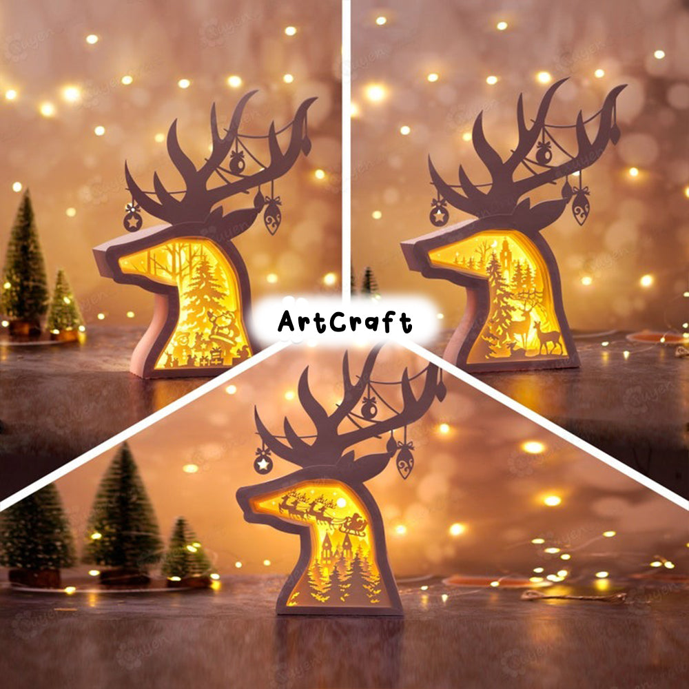 Pack 3 Deer Head Christmas Shadow Box PDF, SVG Light Box for Cricut Projects - DIY Christmas Lantern - Santa Shadowbox, Reindeer Lighbox