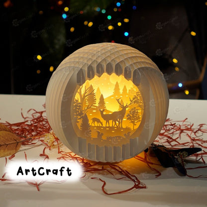 Deer Family Merry Christmas Sphere Popup 3D - Paper Cutting SVG Template - 3D Pop up Card - DIY Paper Cut Lamp, Christmas Paper Lanterns