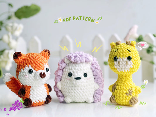 Zoo Animals No Sew Crochet Pattern, No Sew Amigurumi Crochet Patterns, Fox Crochet Pattern, Giraffe Pattern, Hedgehog Pattern