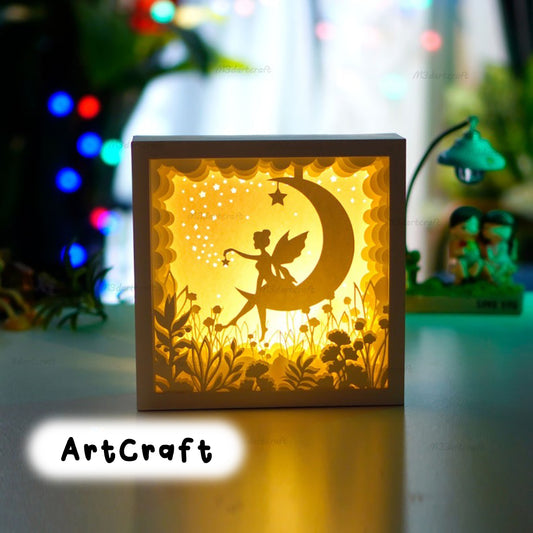 Fairy Moon Shadow Box - Fairy Lightbox SVG for Cricut Projects, Paper Cut Shadow Box, Free Square Shadow Box frame, 3D layered paper art