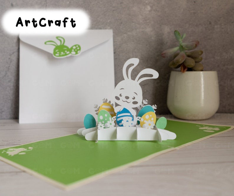 Easter Pop-up Card template - Bunny and Eggs pop-up card template - Easter pop up SVG - 3D paper craft