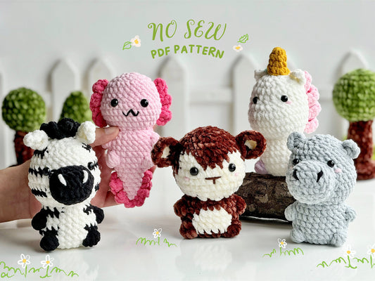 No Sew Zoo Animal Bundle Crochet Pattern, No Sew Amigurumi Crochet Patterns, Monkey Pattern, Unicorn Pattern, Hippo Pattern, Axolotl Pattern