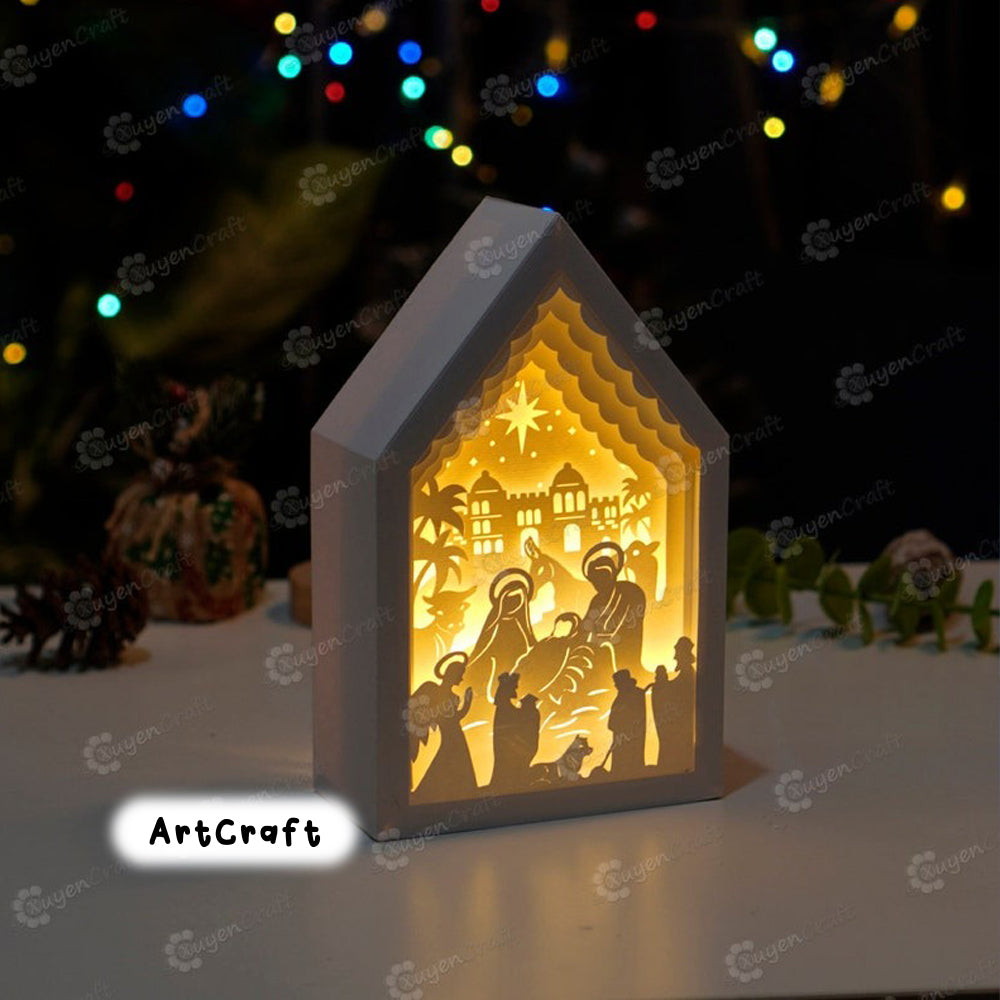 Nativity Scene In Christmas House Lanterns SVG Template Paper Cut Lamp Shadow Box, Lightbox Svg for Cricut Projects - DIY Xmas Decorations