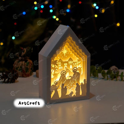 Nativity Scene In Christmas House Lanterns SVG Template Paper Cut Lamp Shadow Box, Lightbox Svg for Cricut Projects - DIY Xmas Decorations