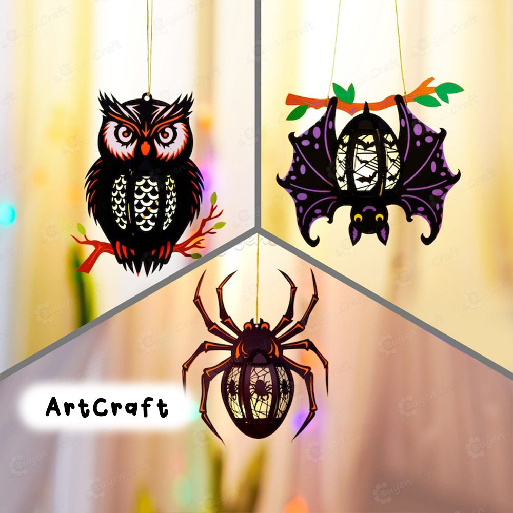 Pack 3 Halloween Lantern PDF, SVG, Studio Templates for create Bat Lantern, Spider Lantern and Owl Lantern - Paper Lantern Halloween Decor