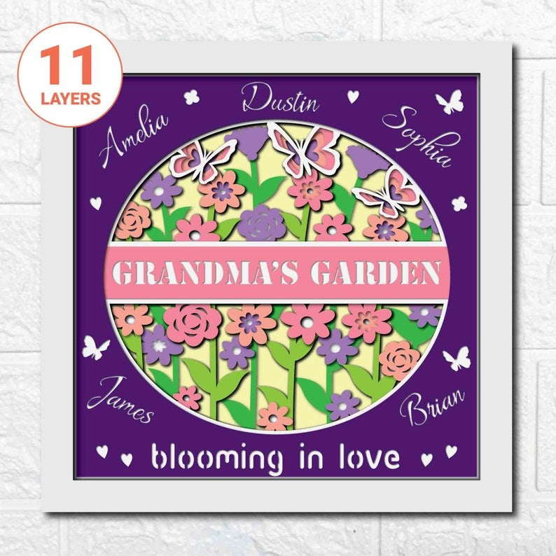 Grandma's Garden 3D Shadow Box SVG/ Gift For Mom 3D SVG/ Mother's Day Cricut Project/ Personalize Grandkids Name/ For Cricut/ For Silhouette