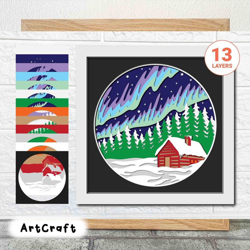 Nordic Winter 3D Shadow Box SVG/ Northern Lights 3D Layered Cardstock/ Winter Log Cabin Cricut 3D/ Christmas File For Cricut/ For Silhouette