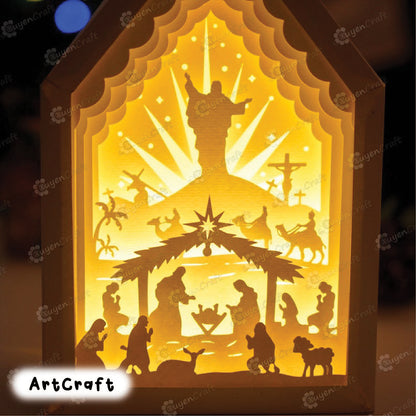 Nativity Scene V2 In Christmas House Paper Lantern SVG Template - Merry Christmas Shadow Box, Light Box Paper Cut and Paper box frames svg