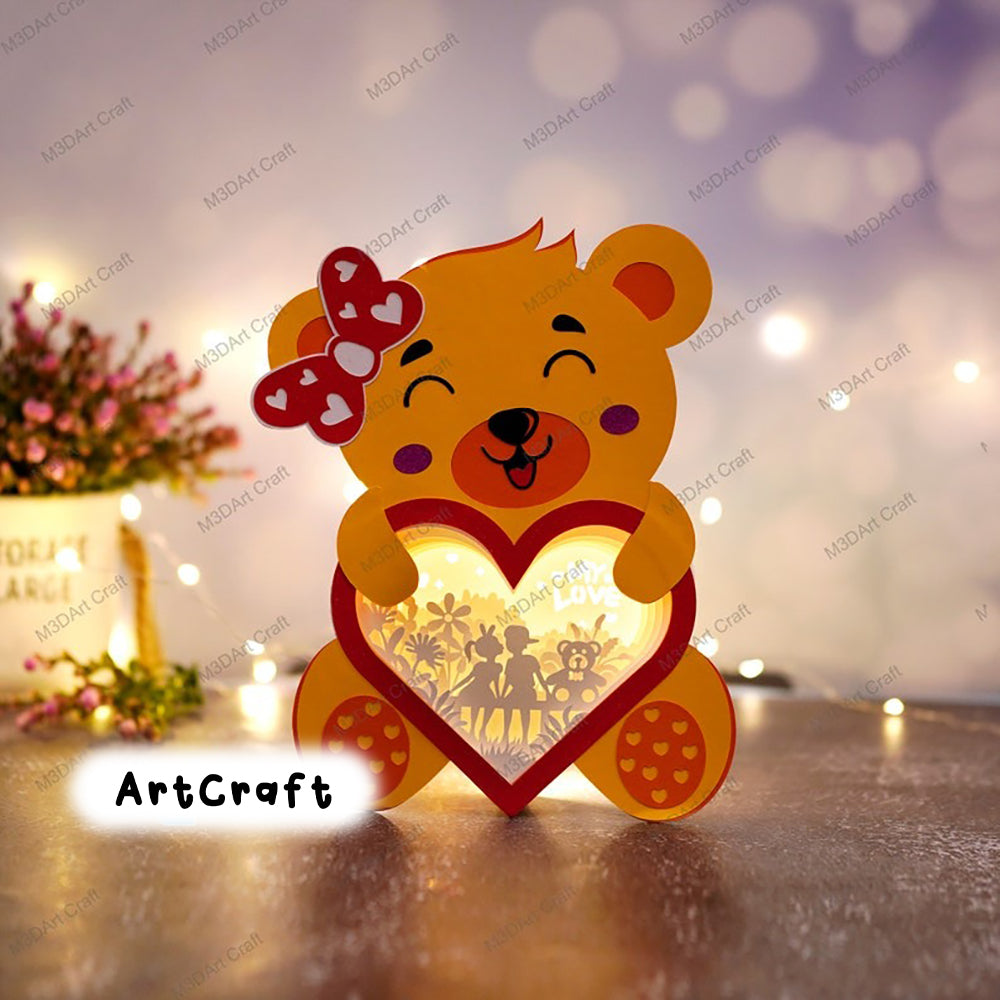 Pack 3 Teddy Bear Heart Lanterns Shadow Box SVG Template for Diy valentines crafts - Mickey Love, Proposing Couple Lightbox Paper Cut