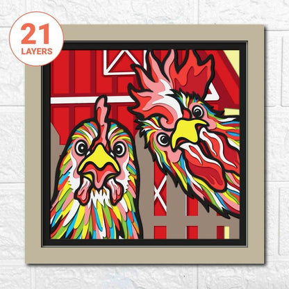 Chickens 3D Layered SVG For Cardstock/ Farmhouse Decoration/ Rooster And Hen Farmyard/ Colorful Chickens Papercraft/ For Cricut/ Silhouette