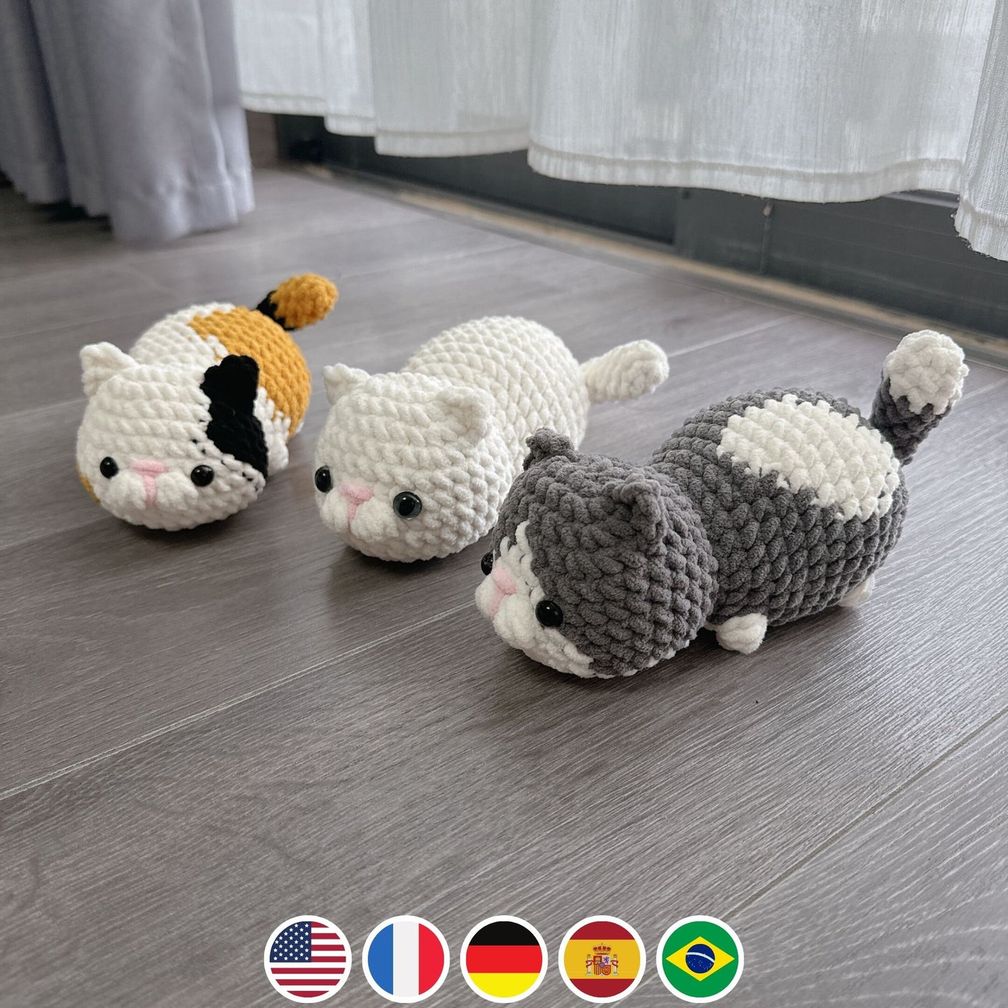 Bundle 3in1 Lazy Munchkin Cat Crochet Pattern, Low-sew Plushie Amigurumi PDF File Tutorial in English Deutsch Français Español Português