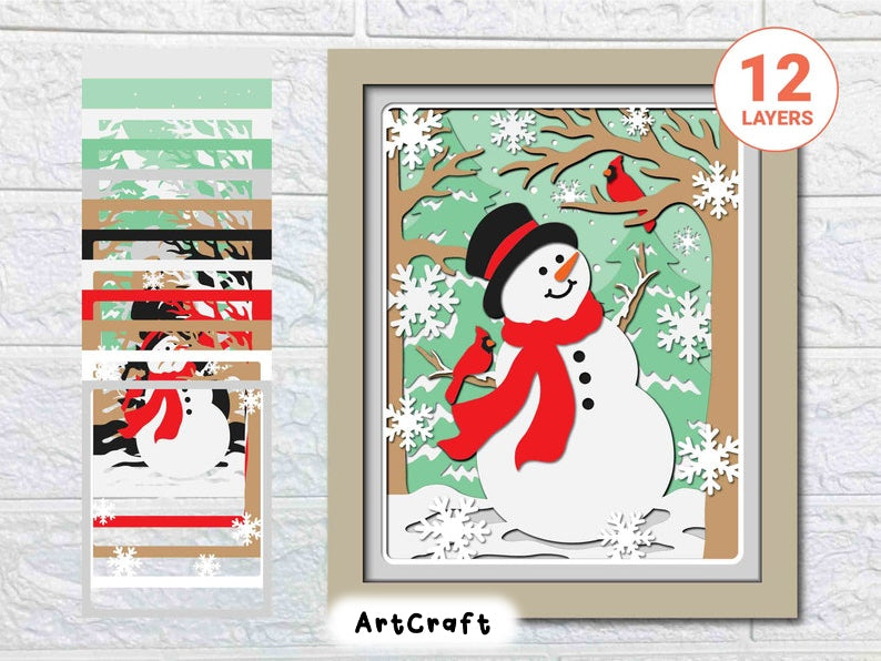 Snowman And Cardinals Shadow Box SVG/ Christmas Home Decor/ Winter Papercraft SVG/ Christmas Cricut Project/ SVG For Cricut/ For Silhouette