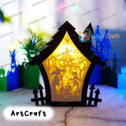 Witch & Zombie Haunted House Shadow Box Halloween SVG Light Box for Cricut Projects - DIY Paper Lanterns Halloween Decor, Paper Cut Template