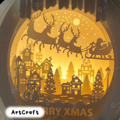 Merry Xmas - Santa Claus Reindeer Flying Snow Globe Pop Up 3D SVG Template Papercut Shadowbox - DIY Pop up card 3d - Sphere Popup Lamp