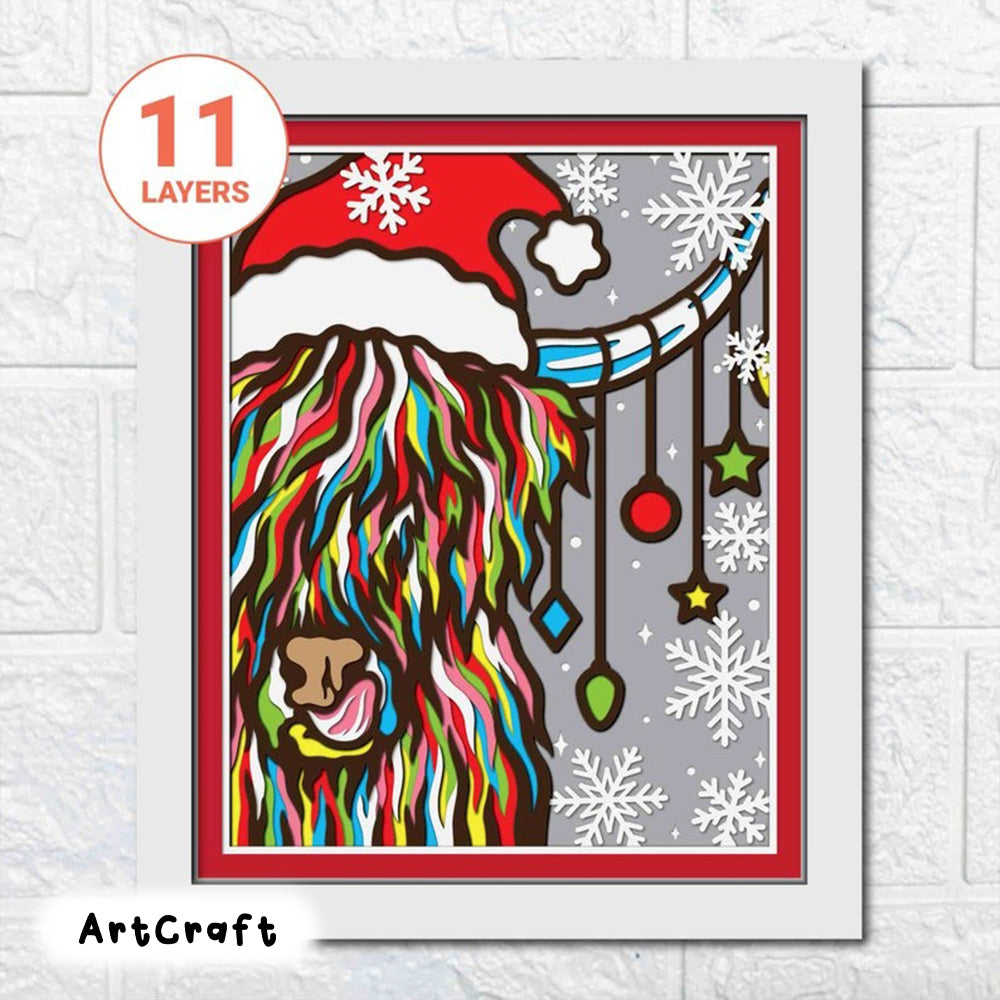 Christmas Highland Cow 3D SVG/ Highland Cow Shadow Box/ Highland Cow Colorful Christmas Card/ Layered Cardstock/ For Cricut/ For Silhouette