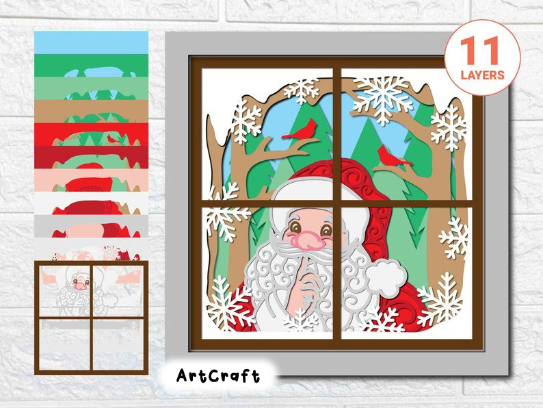 3D Santa At The Window Shadow Box SVG/ Christmas Home Decoration/ Santa Pattern Papercraft SVG/ Christmas Cricut Project/ SVG For Silhouette