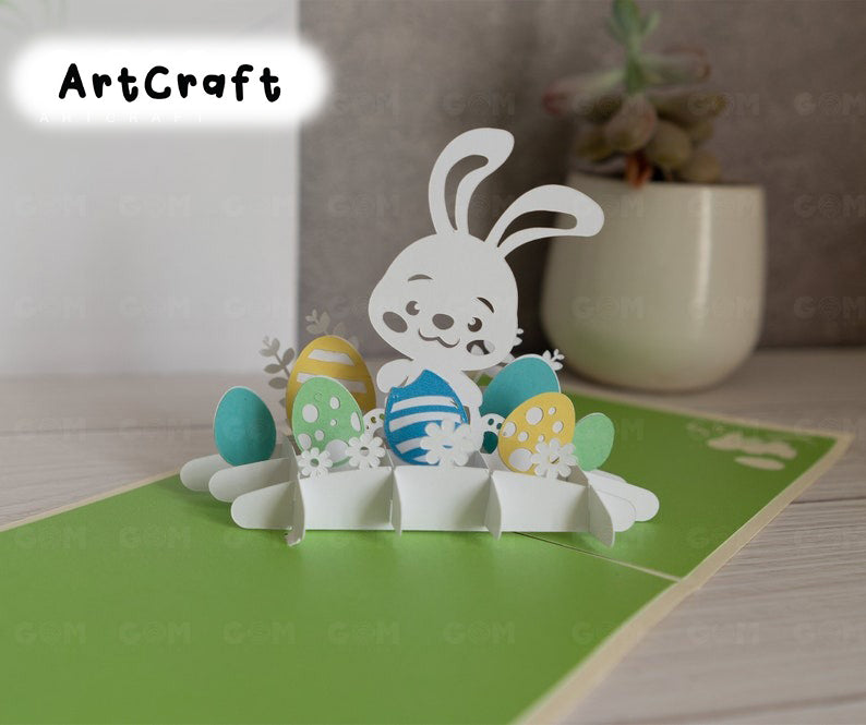 Easter Pop-up Card template - Bunny and Eggs pop-up card template - Easter pop up SVG - 3D paper craft