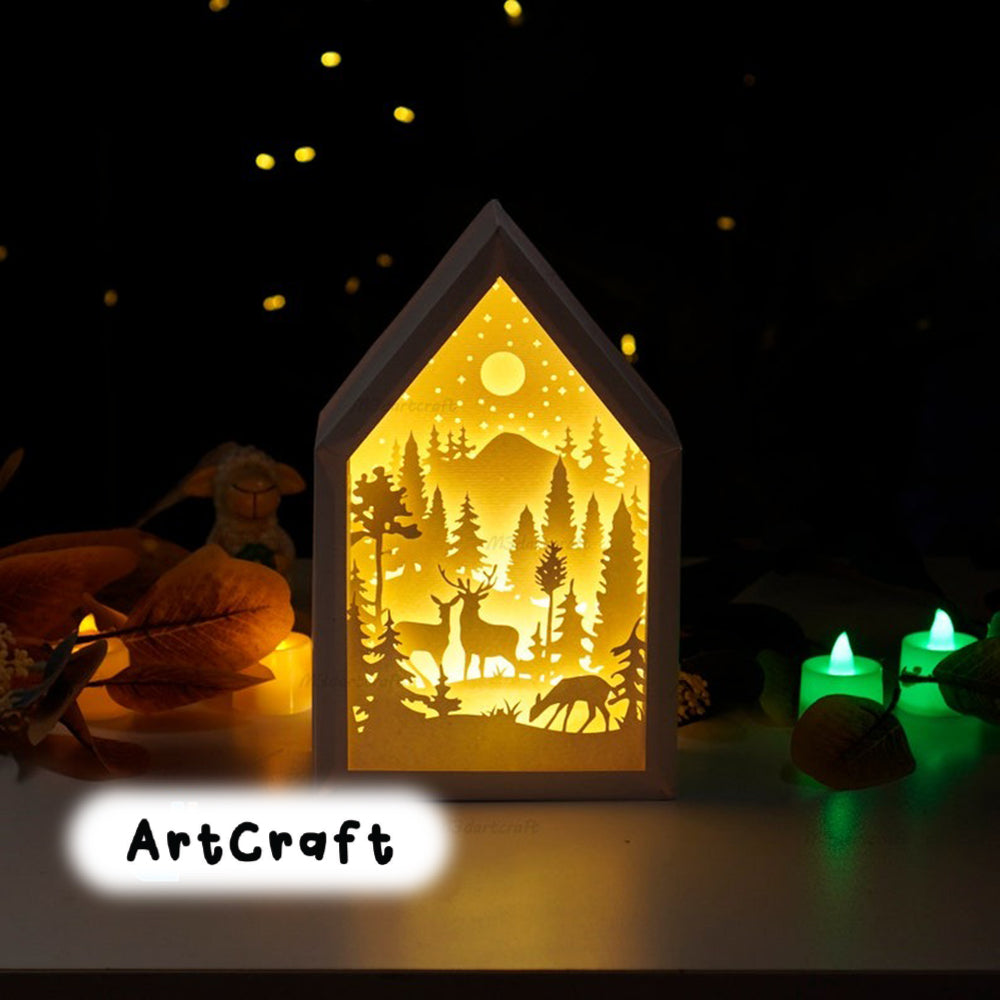 Deer Christmas House Lantern SVG, Silhouette Studio, PDF Template for Xmas Decorations Craft, 3D Christmas Shadow Box, Paper cut light box