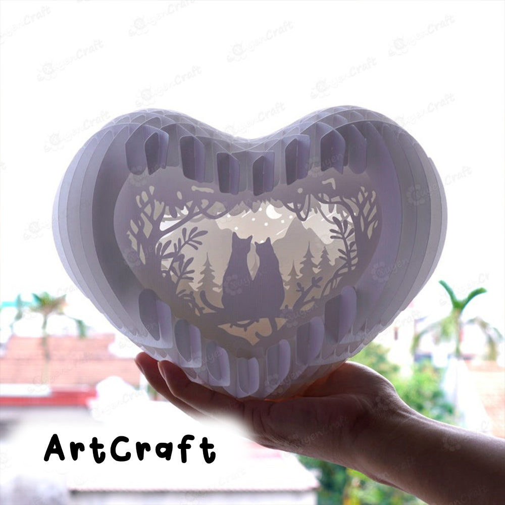 Cat Love Heart Pop up Card Light Box SVG Template Paper Cutting, 3D Heart Lighting - Globe Pop Up, Lamp Paper Heart Papercut DIY 3d pop up