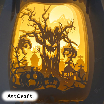 Tree Ghost In Tall Pumpkin Pop Up SVG, Studio, PDF Template, Halloween Lightbox 3D Papercut Light Box Sphere Popup Papercraft 3D SVG